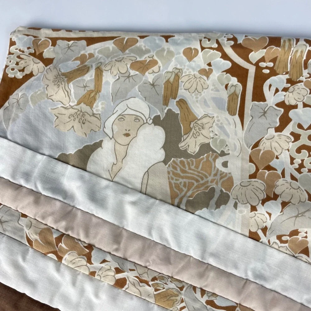 Vintage Cushion Cover 1970s Illustration Handmade Brown White Floral Women Home